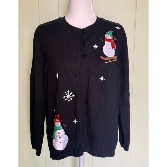 Mercer Street Studio Women's Black Ugly Christmas Sweater Snowmen Cardigan Sz Lg - Picture 1 of 7